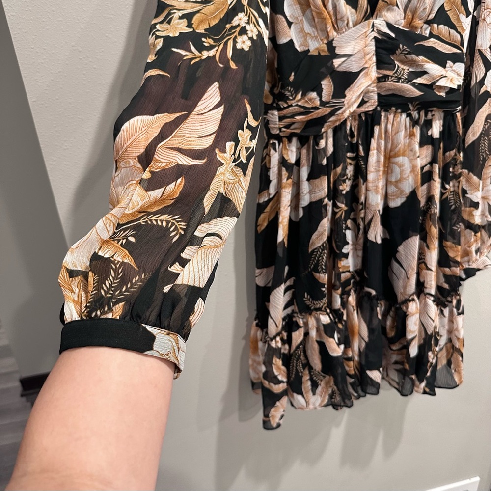 SHEIKE Plunging Neck Sheer Long Sleeve Brown Black Floral Tropical Mini Dress - Picture 8 of 15